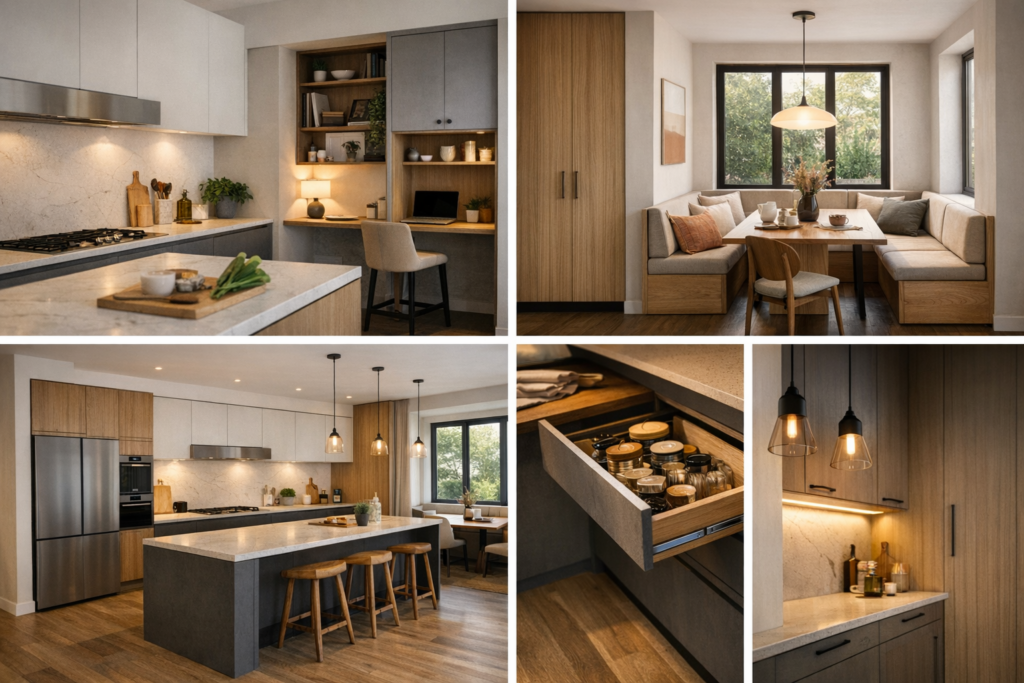 multifunctional kitchen design including an open plan kitchen with island seating, built-in workspace, dining bench nook, organised kitchen storage drawer, and layered pendant and under-cabinet lighting.